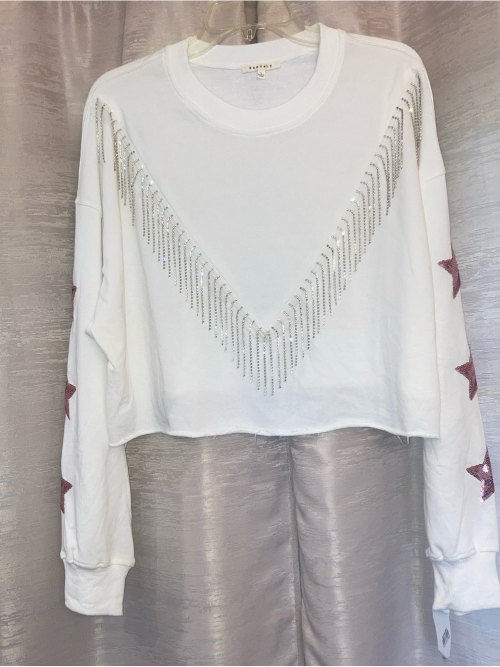 BaeVely White Cropped Sweatshirt with Silver Fringe and Pink Star Sleeves Large